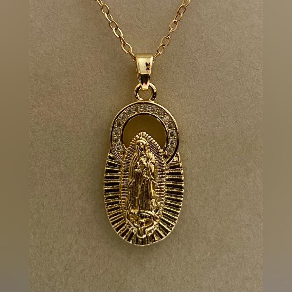 Gold Virgin Mary Guadeloupe Pendant Necklace